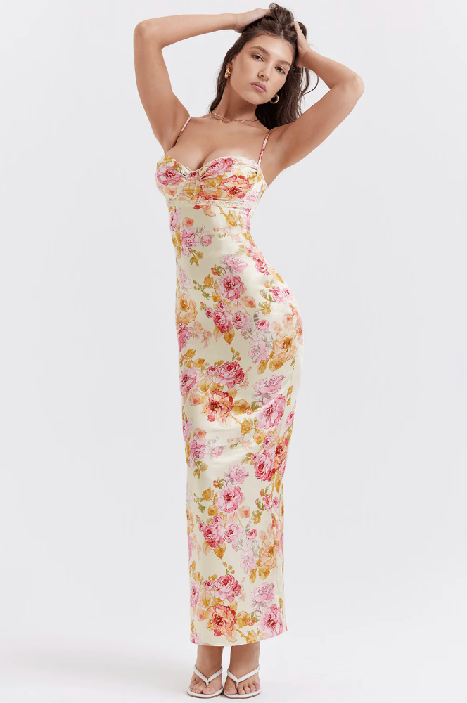 Melusina | Geblümtes Damen-Maxikleid mit Herzausschnitt und Spaghettiträgern für Hochzeitsgäste