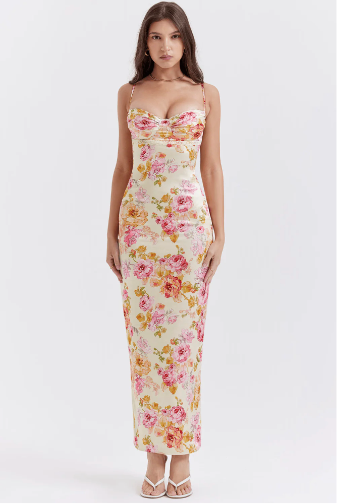 Melusina | Geblümtes Damen-Maxikleid mit Herzausschnitt und Spaghettiträgern für Hochzeitsgäste