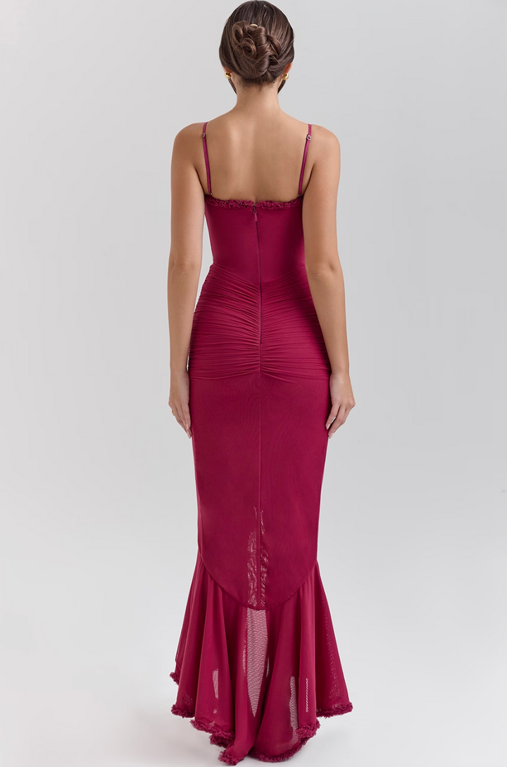 Alexandra | Gerafftes Damen-Maxikleid mit Herzausschnitt und asymmetrischem Volantsaum für Hochzeitsgäste