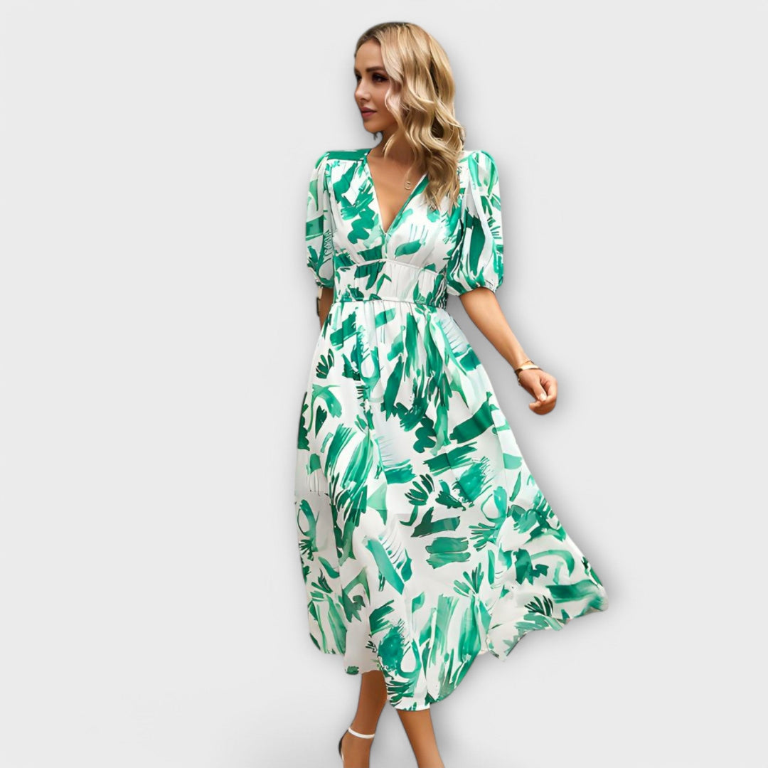 Abstraktes Maxi-Kleid mit Puffärmeln