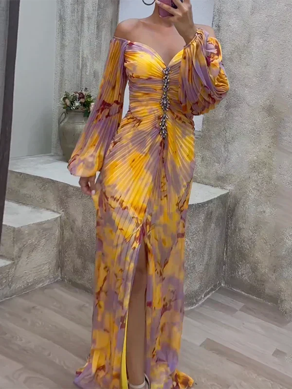 Ilaria | Schulterfreies Damen-Maxikleid mit drapierten Dreiviertelärmeln für Hochzeitsgäste