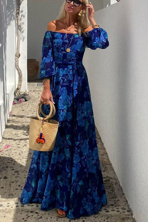 Cosette | Geblümtes schulterfreies Damen-Maxikleid mit Dreiviertelärmeln für Hochzeitsgäste