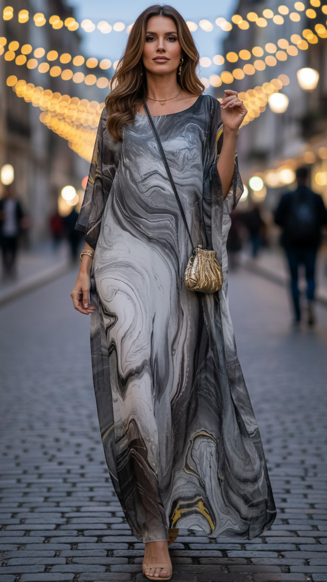 Aura | Damen-Maxikleid mit Fledermausärmeln und Wellenmuster für Hochzeitsgäste