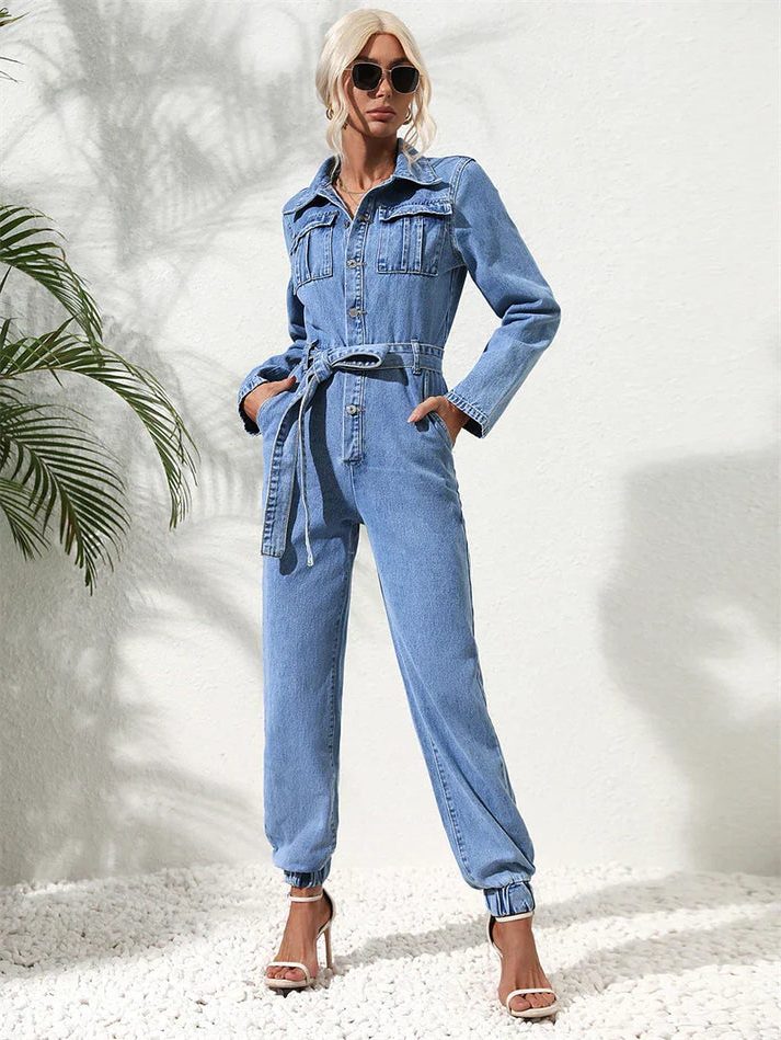 Amabel | Lockerer Jeans-Jumpsuit mit Gürtel und langen Ärmeln für Damen