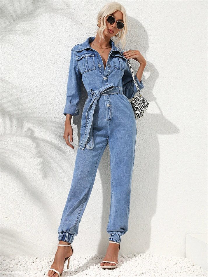Amabel | Lockerer Jeans-Jumpsuit mit Gürtel und langen Ärmeln für Damen
