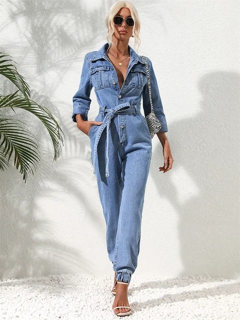 Amabel | Lockerer Jeans-Jumpsuit mit Gürtel und langen Ärmeln für Damen