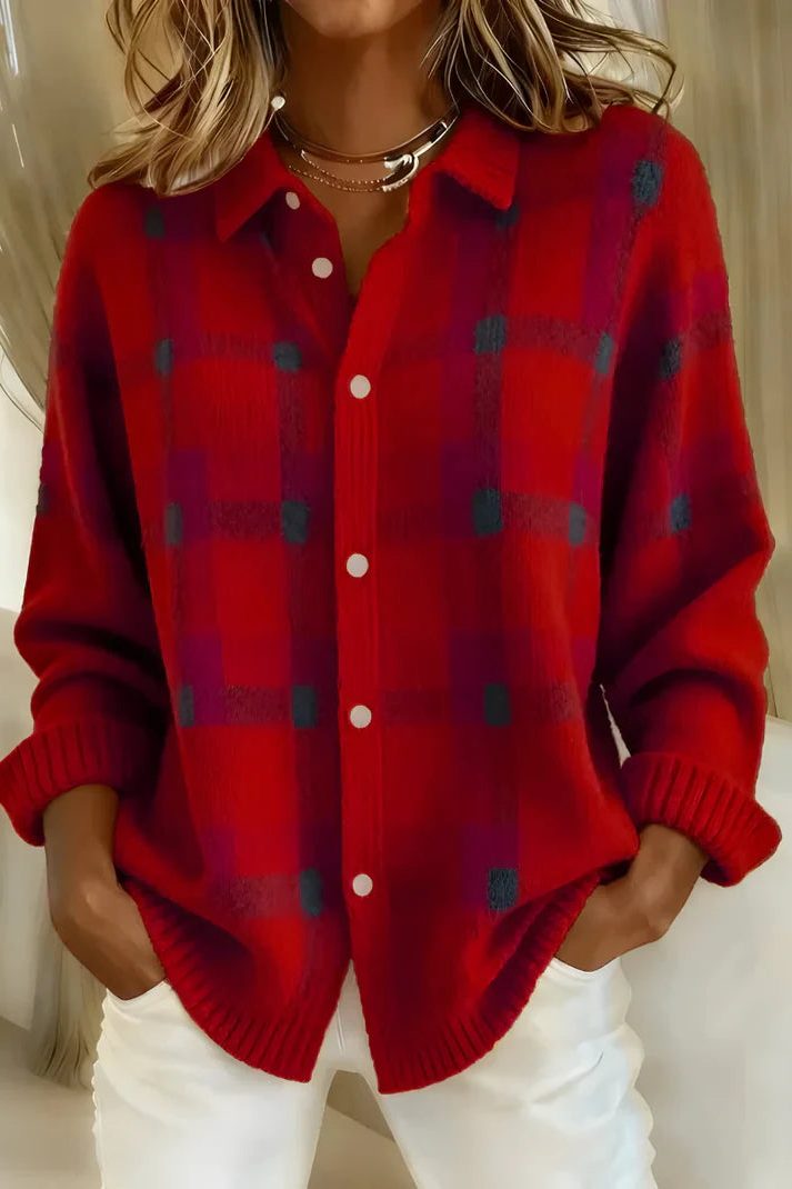 Brenna | Karierter Pullover mit Kragen und Knopfleiste für Damen