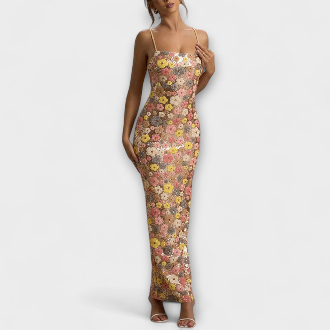 Oakley - Maxi-Kleid mit floralen Pailletten im 80er-Jahre-Stil
