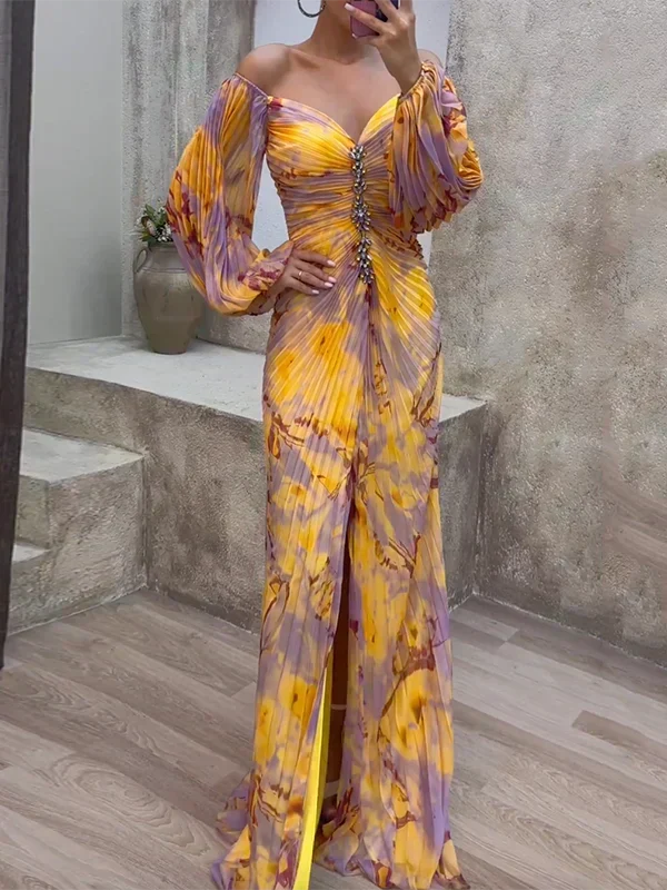 Ilaria | Schulterfreies Damen-Maxikleid mit drapierten Dreiviertelärmeln für Hochzeitsgäste