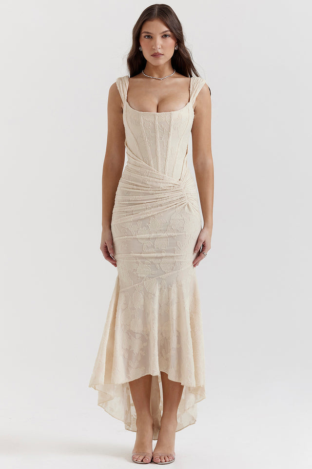 Charlotte | Gerafftes Bodycon-Damen-Maxikleid mit eckigem Ausschnitt für Hochzeitsgäste