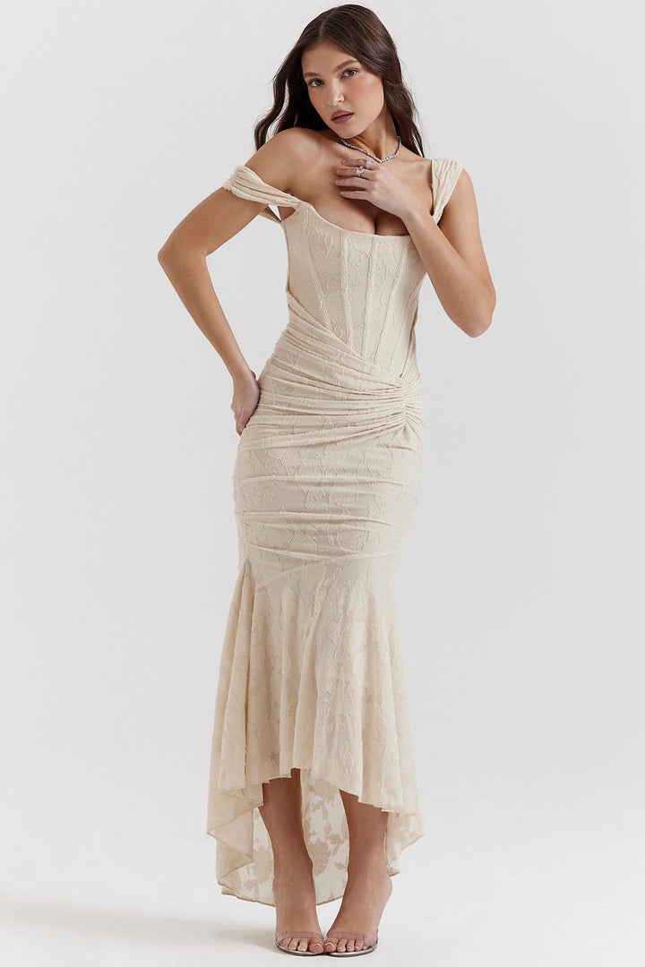 Charlotte | Gerafftes Bodycon-Damen-Maxikleid mit eckigem Ausschnitt für Hochzeitsgäste