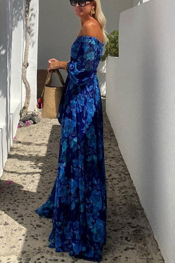 Cosette | Geblümtes schulterfreies Damen-Maxikleid mit Dreiviertelärmeln für Hochzeitsgäste