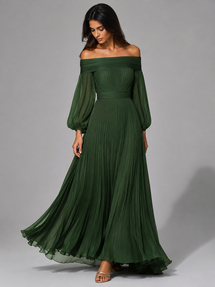 Dilys | Plissiertes schulterfreies Damen-Maxikleid für Hochzeitsgäste im Herbst