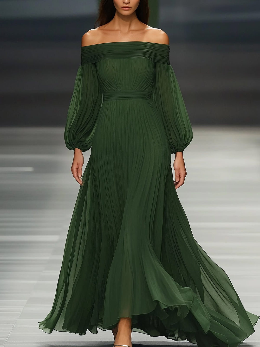 Dilys | Plissiertes schulterfreies Damen-Maxikleid für Hochzeitsgäste im Herbst