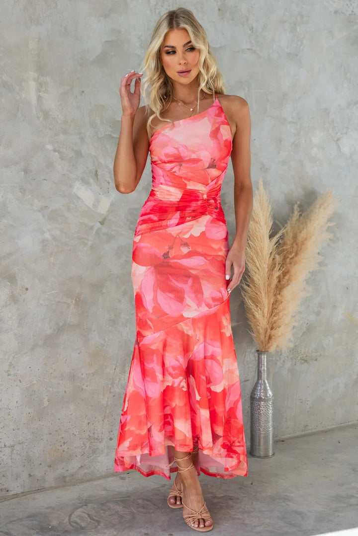 Margaux | Geblümtes One-Shoulder-Damen-Maxikleid mit Raffung für Hochzeitsgäste