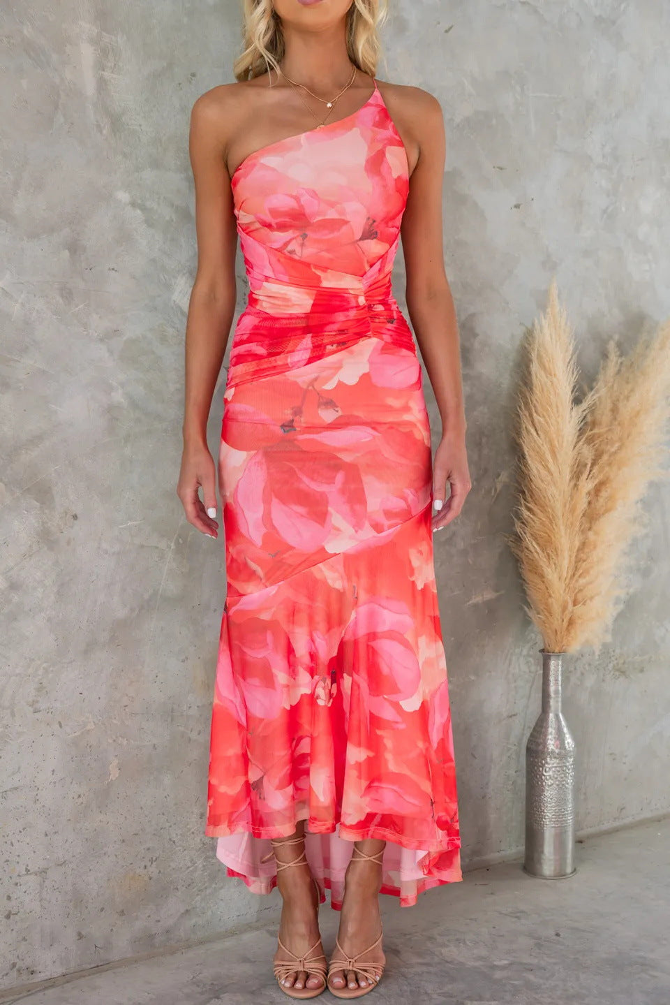 Margaux | Geblümtes One-Shoulder-Damen-Maxikleid mit Raffung für Hochzeitsgäste