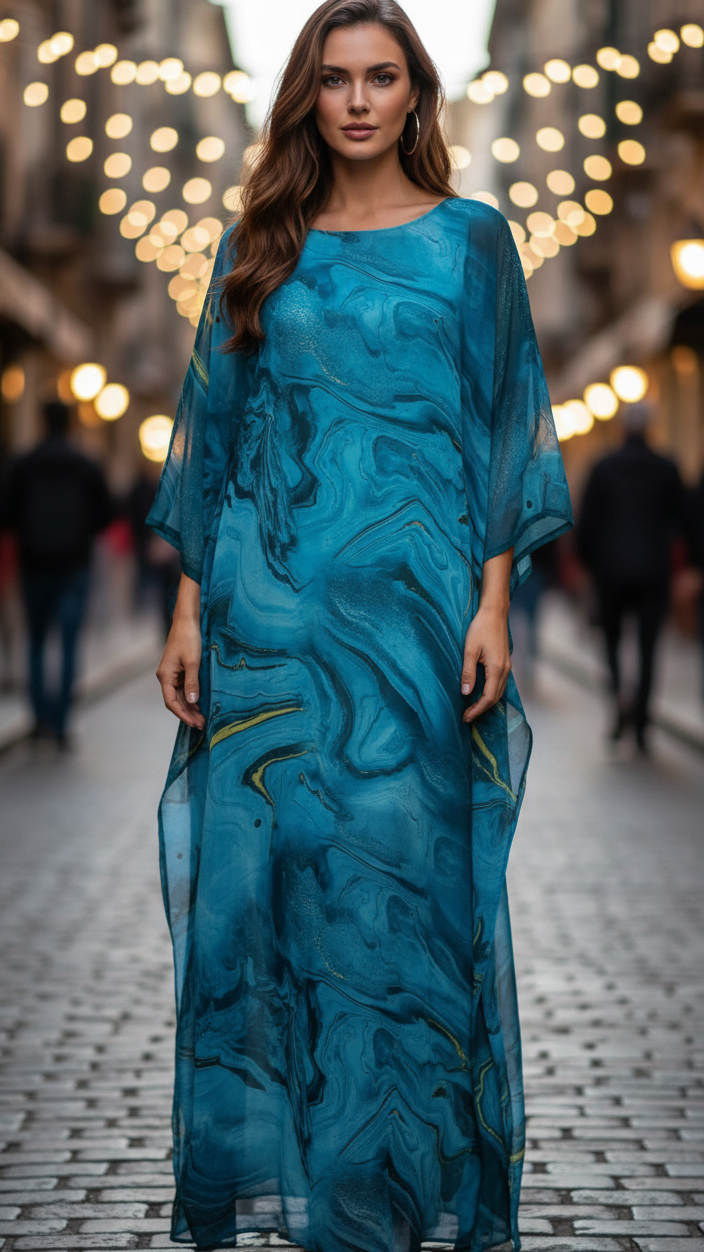 Aura | Damen-Maxikleid mit Fledermausärmeln und Wellenmuster für Hochzeitsgäste
