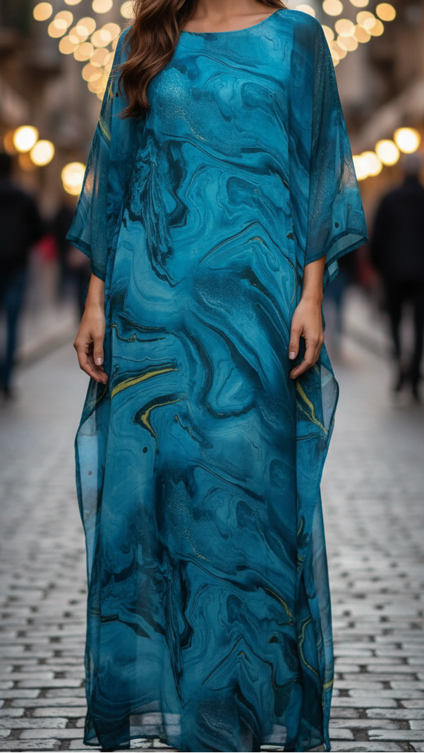 Aura | Damen-Maxikleid mit Fledermausärmeln und Wellenmuster für Hochzeitsgäste