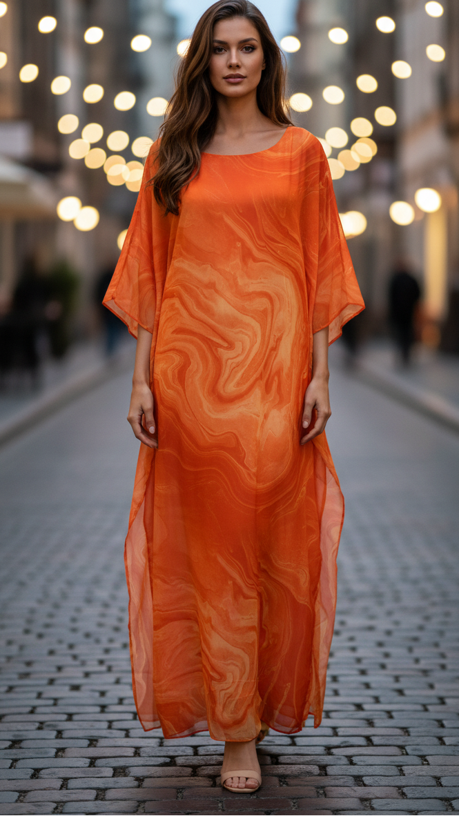 Aura | Damen-Maxikleid mit Fledermausärmeln und Wellenmuster für Hochzeitsgäste