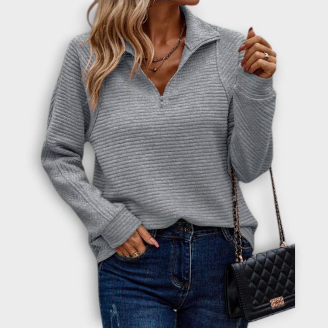 Elisa | Rippstrickpullover mit V-Ausschnitt und kurzem Reissverschluss für Damen