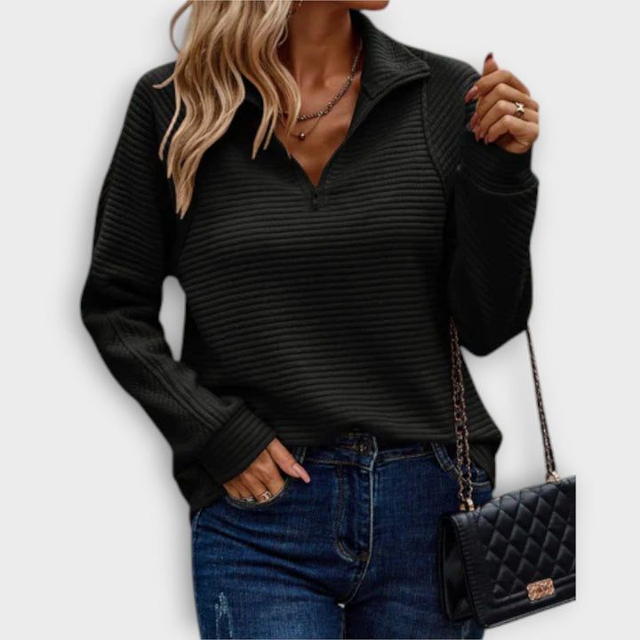 Elisa | Rippstrickpullover mit V-Ausschnitt und kurzem Reissverschluss für Damen