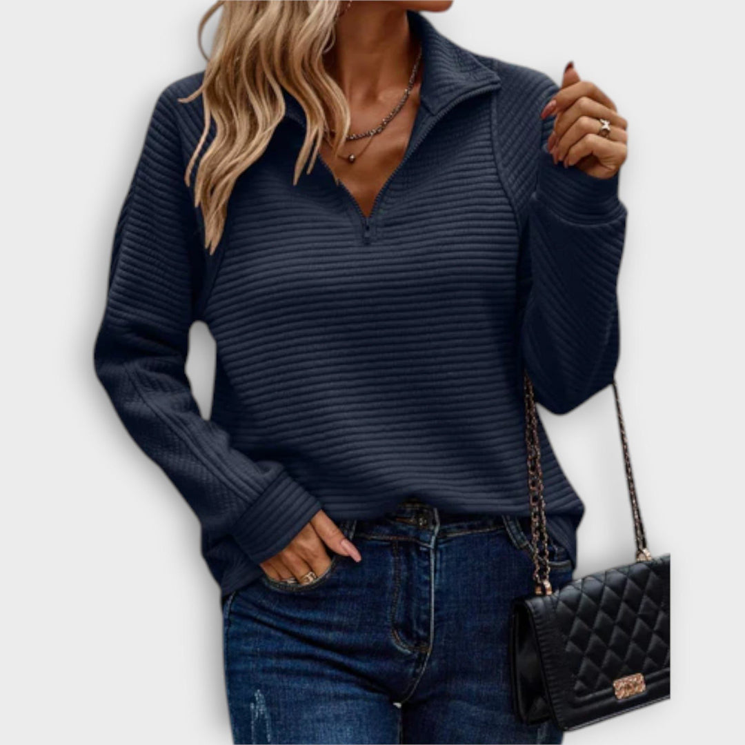 Elisa | Rippstrickpullover mit V-Ausschnitt und kurzem Reissverschluss für Damen