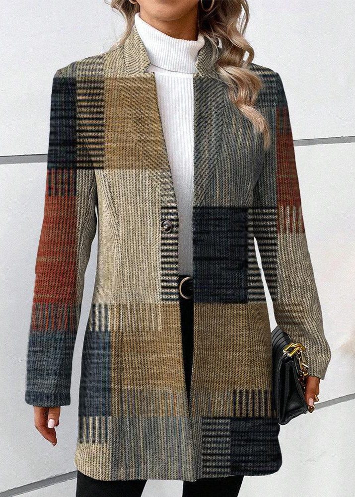 Elle | Langer Blazer mit Patchworkmuster und Gürtel für Damen