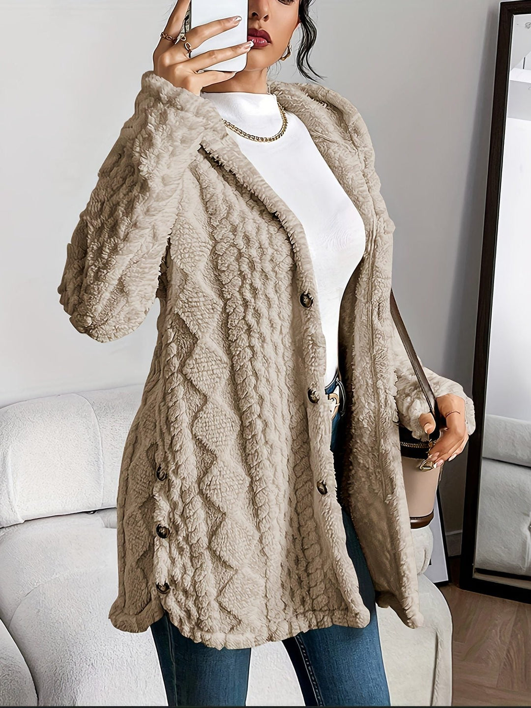 Erin | Oversized-Fleecejacke mit Kapuze und Knopfleiste für Damen