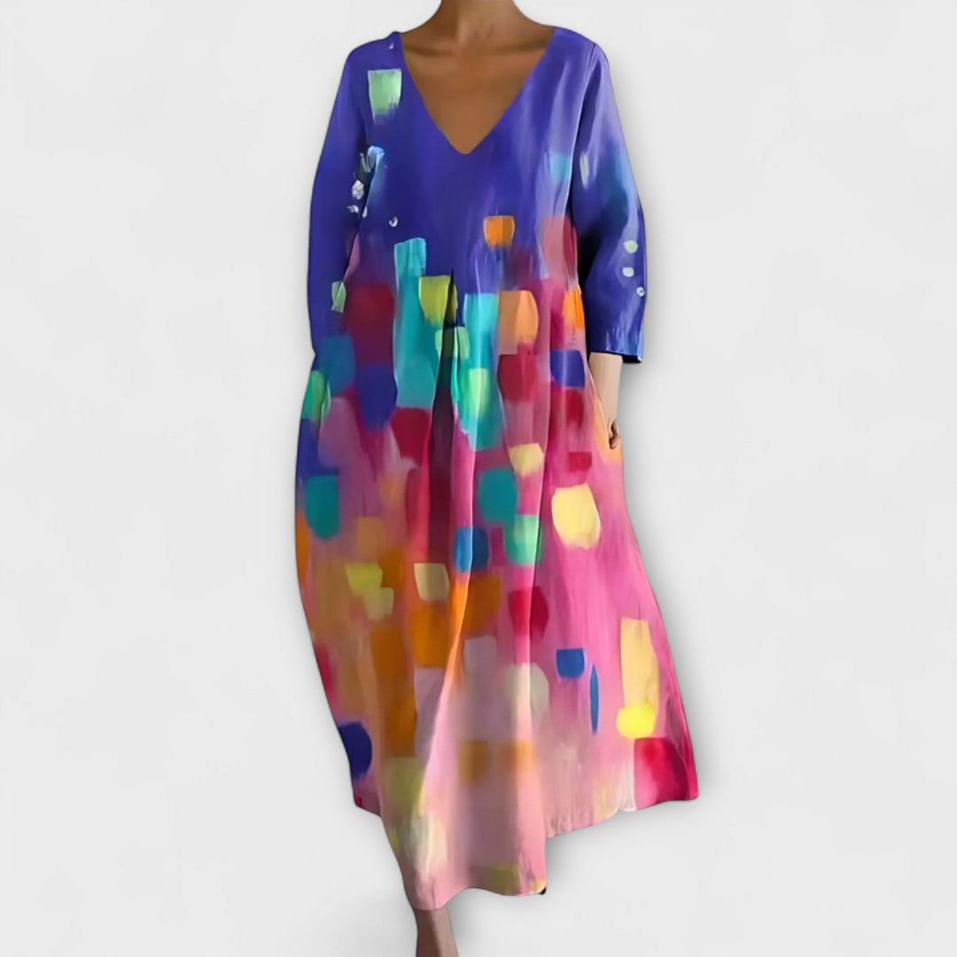 Fiona - Langes, farbenfrohes Kleid mit V-Ausschnitt