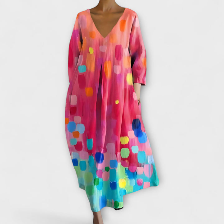 Fiona - Langes, farbenfrohes Kleid mit V-Ausschnitt