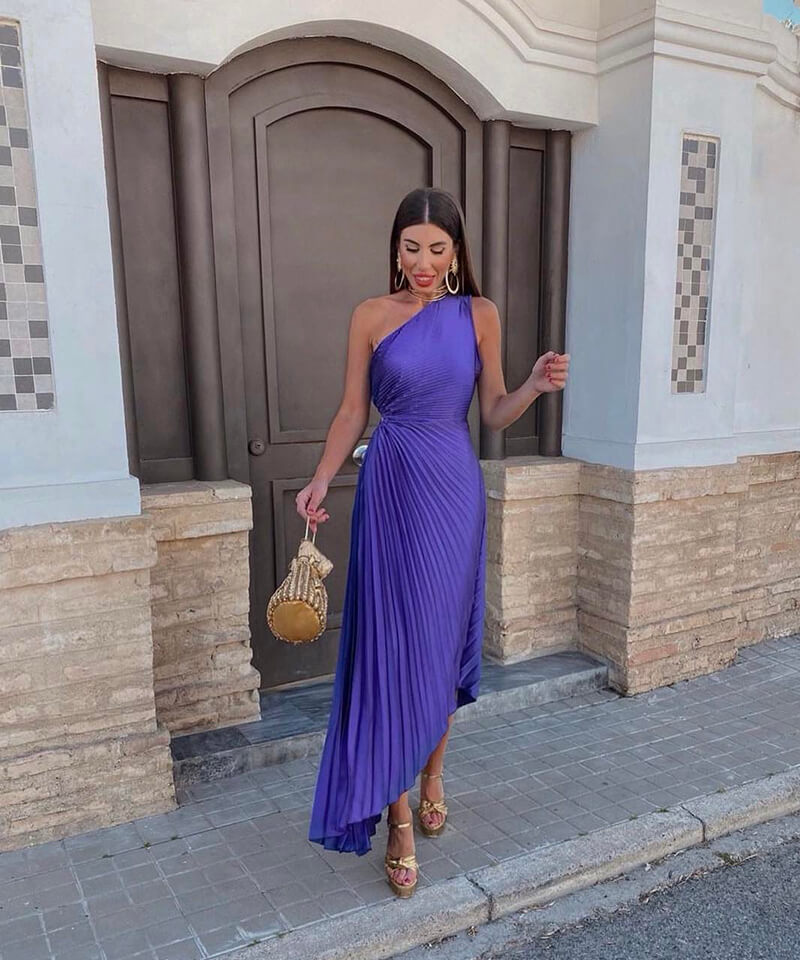 Xochitl | Plissiertes One-Shoulder-Damen-Midikleid mit asymmetrischem Saum für Hochzeitsgäste