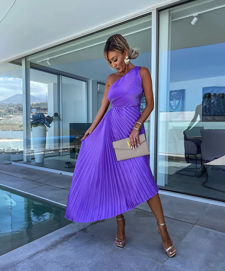 Xochitl | Plissiertes One-Shoulder-Damen-Midikleid mit asymmetrischem Saum für Hochzeitsgäste