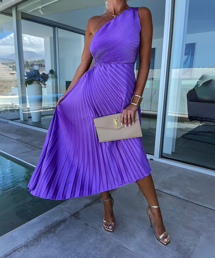 Xochitl | Plissiertes One-Shoulder-Damen-Midikleid mit asymmetrischem Saum für Hochzeitsgäste