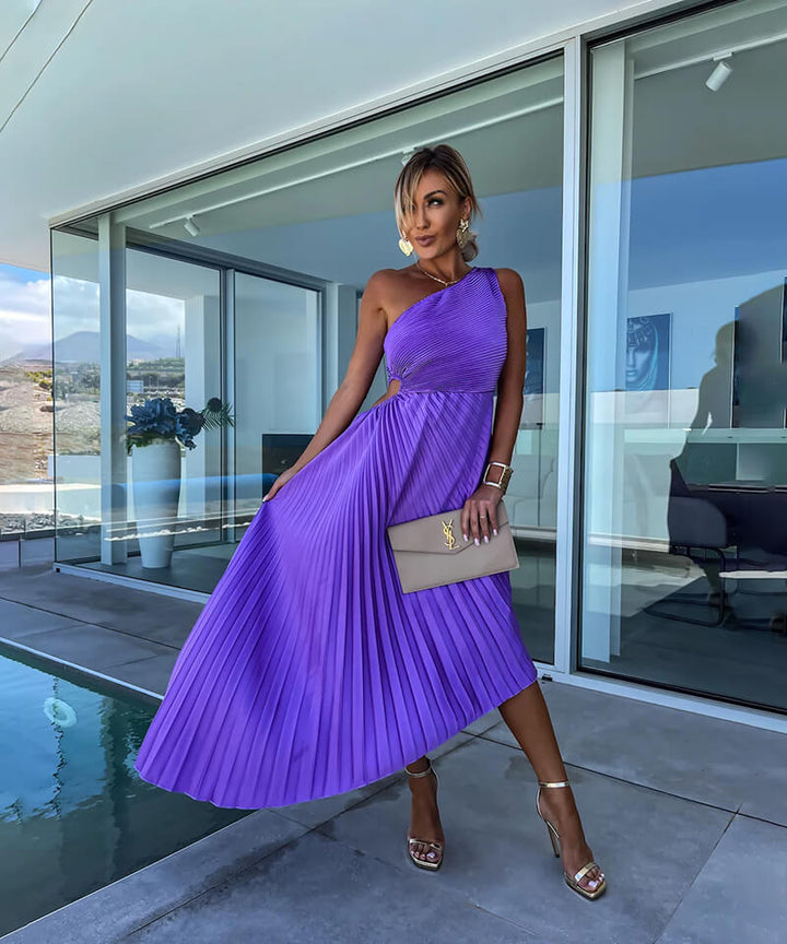 Xochitl | Plissiertes One-Shoulder-Damen-Midikleid mit asymmetrischem Saum für Hochzeitsgäste