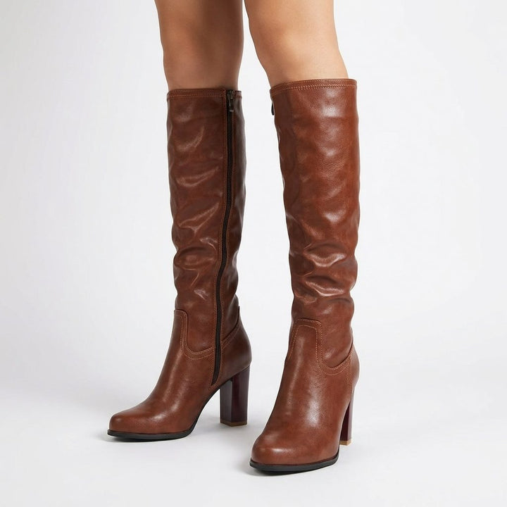 Garance | Kniehohe Lederstiefel mit Blockabsatz und runder Spitze für Damen