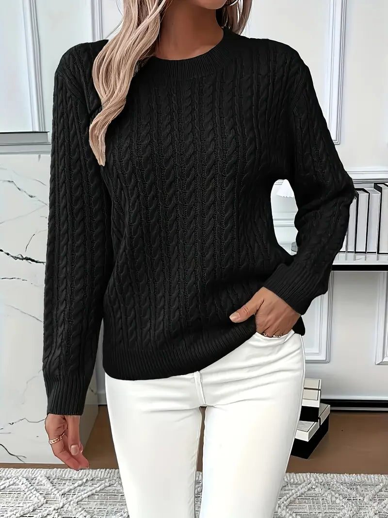 Guinevere | Hüftlanger Zopfstrickpullover mit Rundhalsausschnitt für Damen