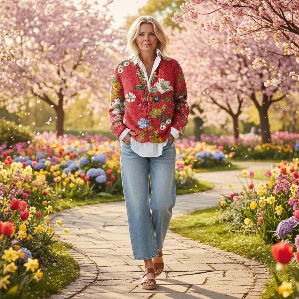 Lena | Strickjacke mit Knopfleiste und Blumenmuster für Damen