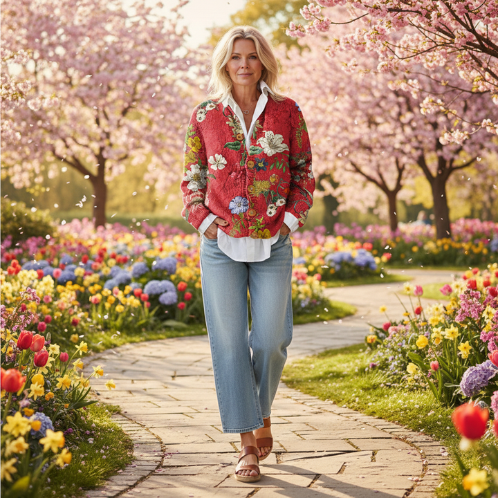 Lena | Strickjacke mit Knopfleiste und Blumenmuster für Damen