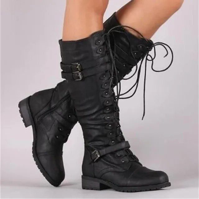Huguette | Kniehohe Schnürstiefel mit Doppelschnallen für Damen