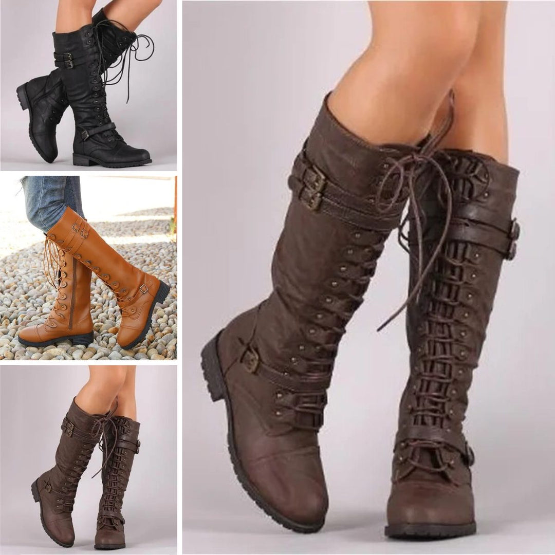 Huguette | Kniehohe Schnürstiefel mit Doppelschnallen für Damen