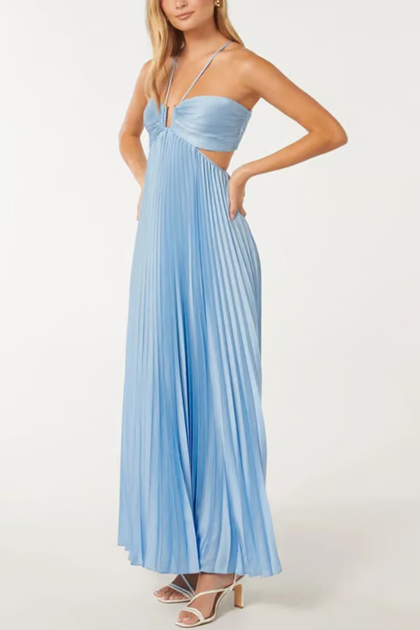 Ameline | Blaues plissiertes Damen-Neckholder-Maxikleid mit tailliertem Oberteil für Hochzeitsgäste