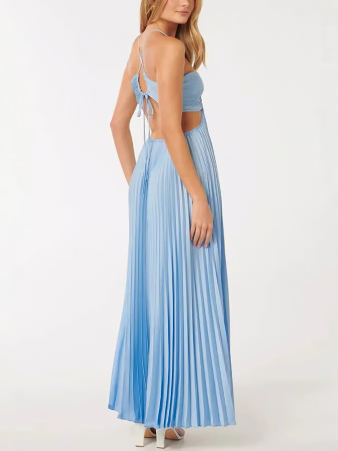 Ameline | Blaues plissiertes Damen-Neckholder-Maxikleid mit tailliertem Oberteil für Hochzeitsgäste