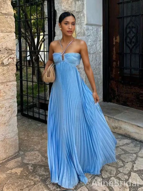 Ameline | Blaues plissiertes Damen-Neckholder-Maxikleid mit tailliertem Oberteil für Hochzeitsgäste