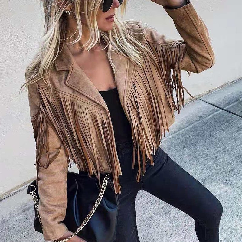 Leena | Kurze Boho-Jacke in Wildlederoptik mit Fransen für Damen