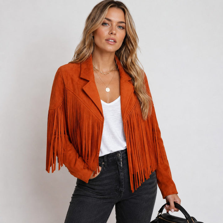 Leena | Kurze Boho-Jacke in Wildlederoptik mit Fransen für Damen
