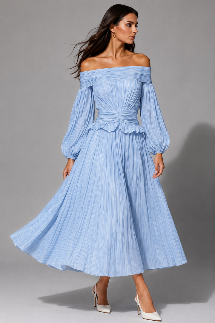 Mabel | Plissiertes schulterfreies Damen-Midikleid für Hochzeitsgäste im Herbst