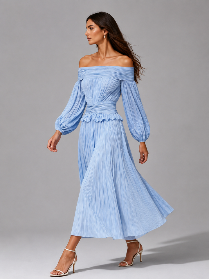 Mabel | Plissiertes schulterfreies Damen-Midikleid für Hochzeitsgäste im Herbst