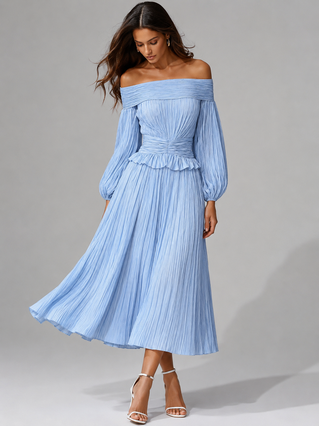Mabel | Plissiertes schulterfreies Damen-Midikleid für Hochzeitsgäste im Herbst