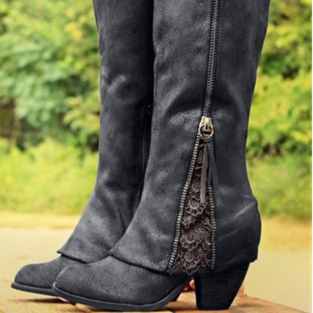 Marina | Stiefel mit Blockabsatz, Reissverschluss und Spitzendetail für Damen