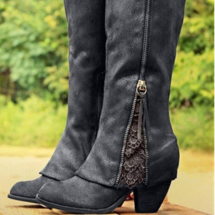 Marina | Stiefel mit Blockabsatz, Reissverschluss und Spitzendetail für Damen